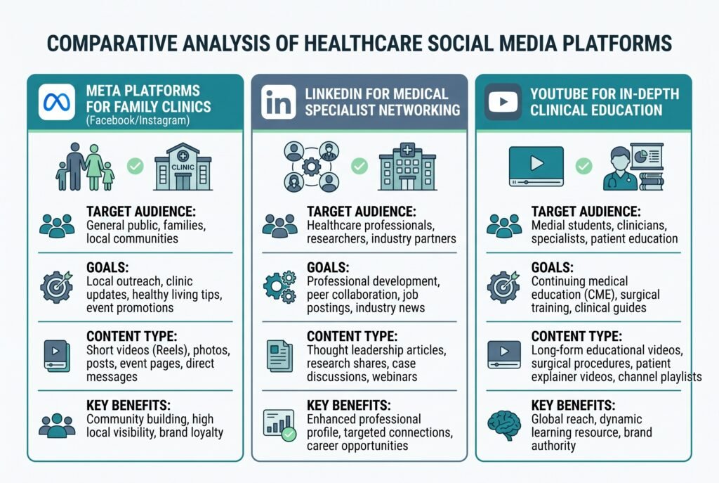Infographic mapping social media platforms. Instagram, LinkedIn, and YouTube for medical clinics in Singapore.